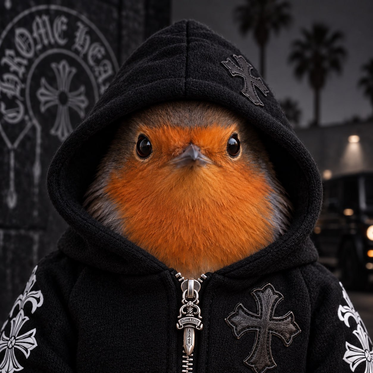 Robin in a black cross-print hoodie