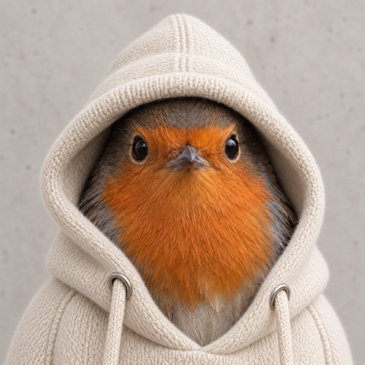 Robin in a cream knit hoodie