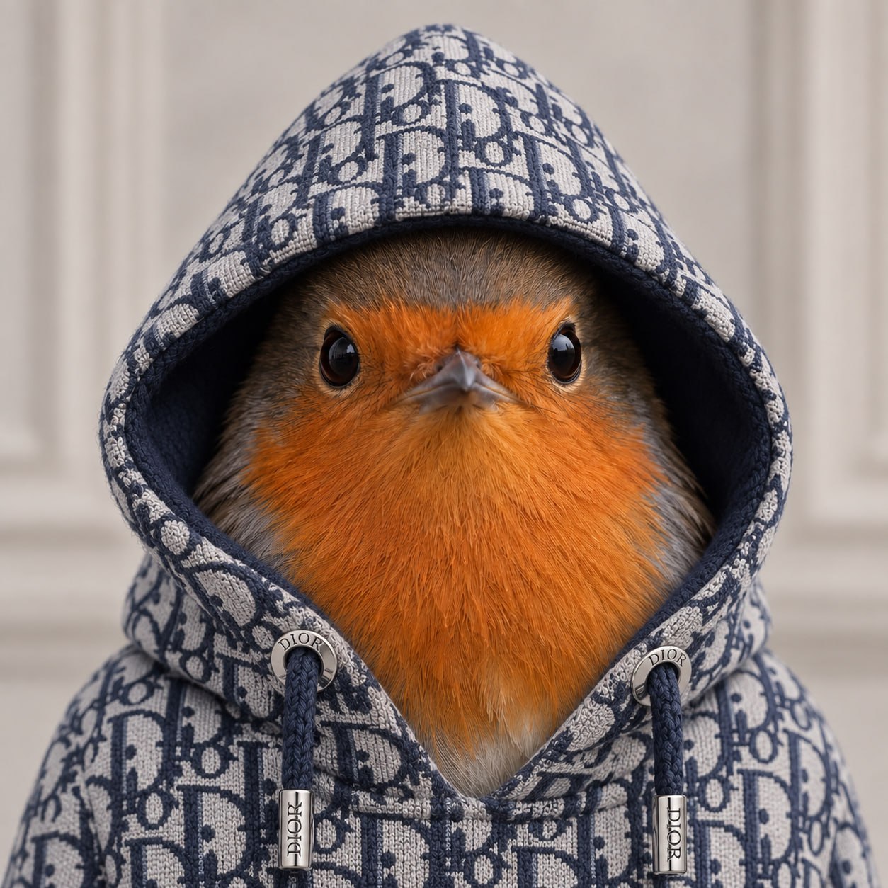 Robin in a designer monogram hoodie