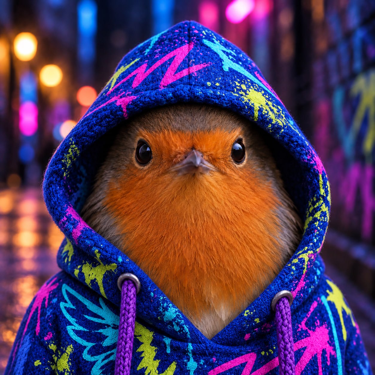 Robin in a colorful graffiti-print hoodie