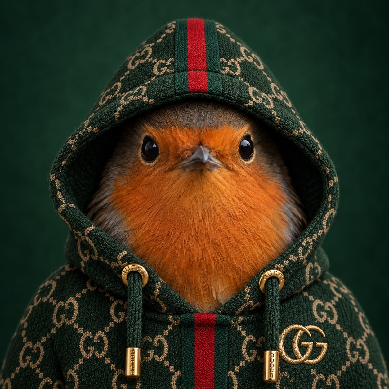 Robin in a designer monogram hoodie