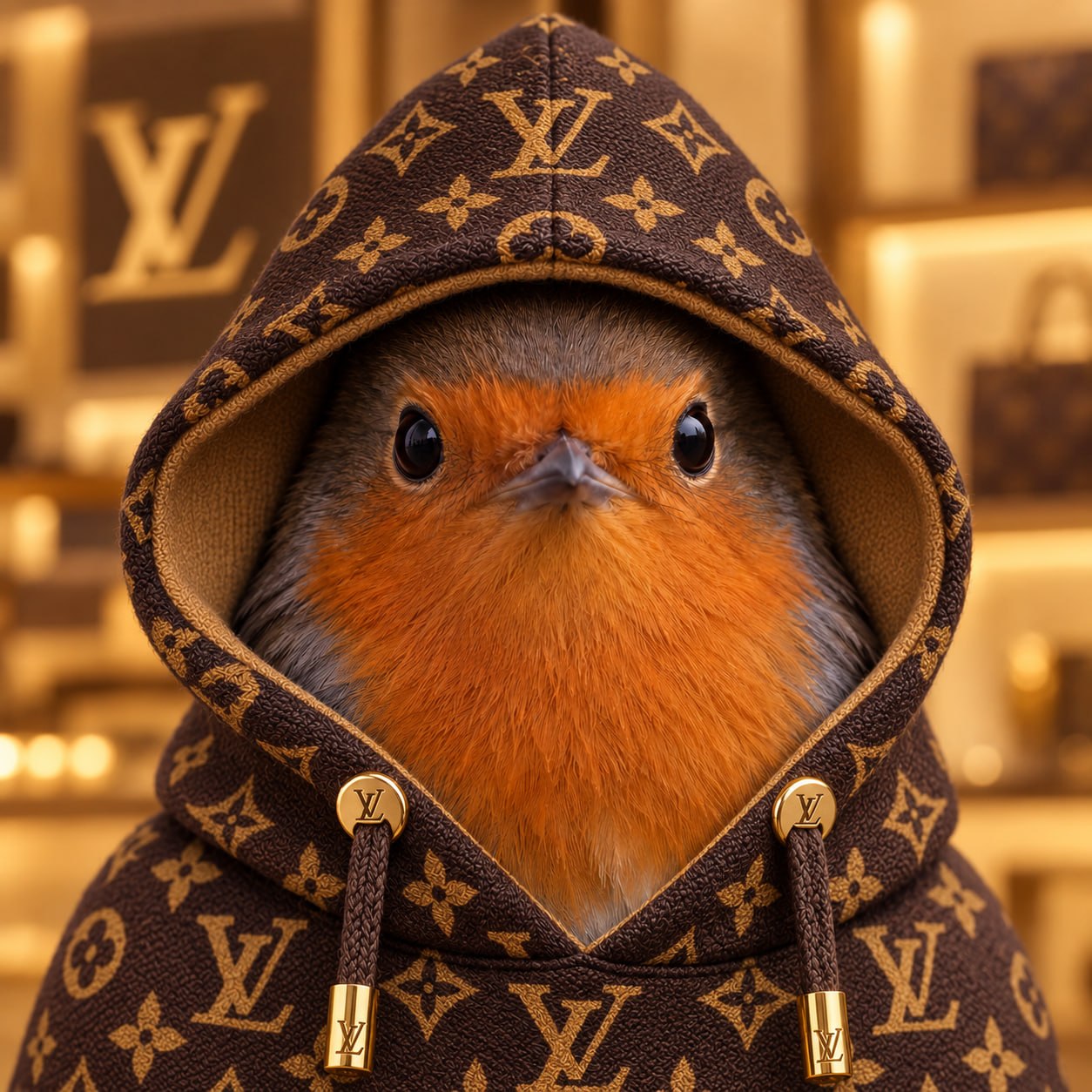 Robin in a designer monogram hoodie