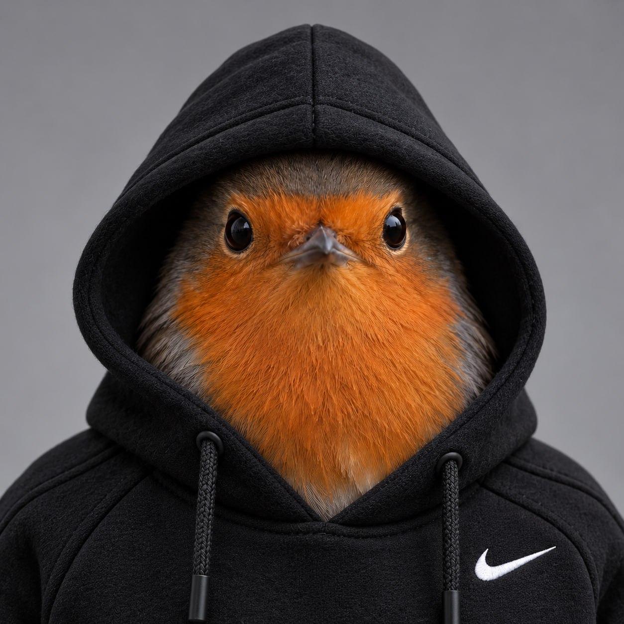 Robin in a black sport hoodie