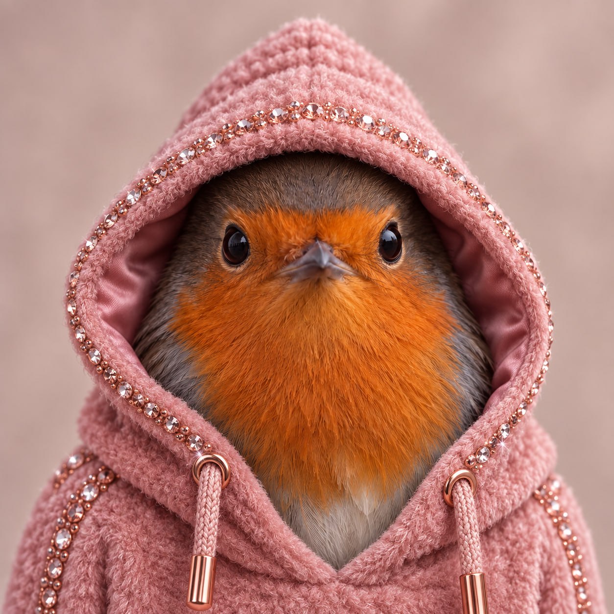 Robin in a pink bedazzled hoodie