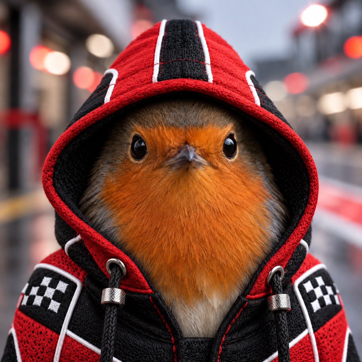 Robin in a red and black racing hoodie