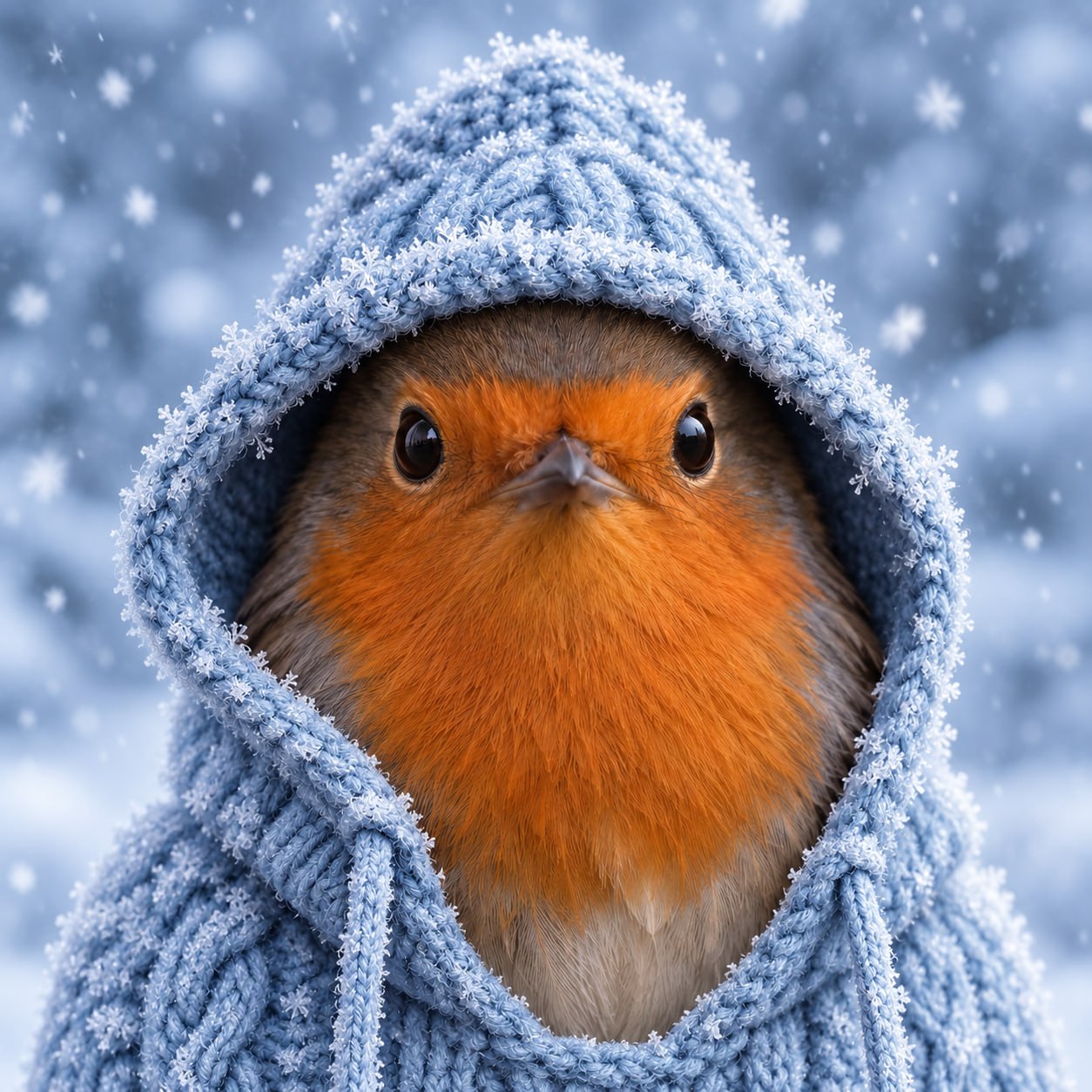 Robin in a frosty blue knit hoodie in the snow